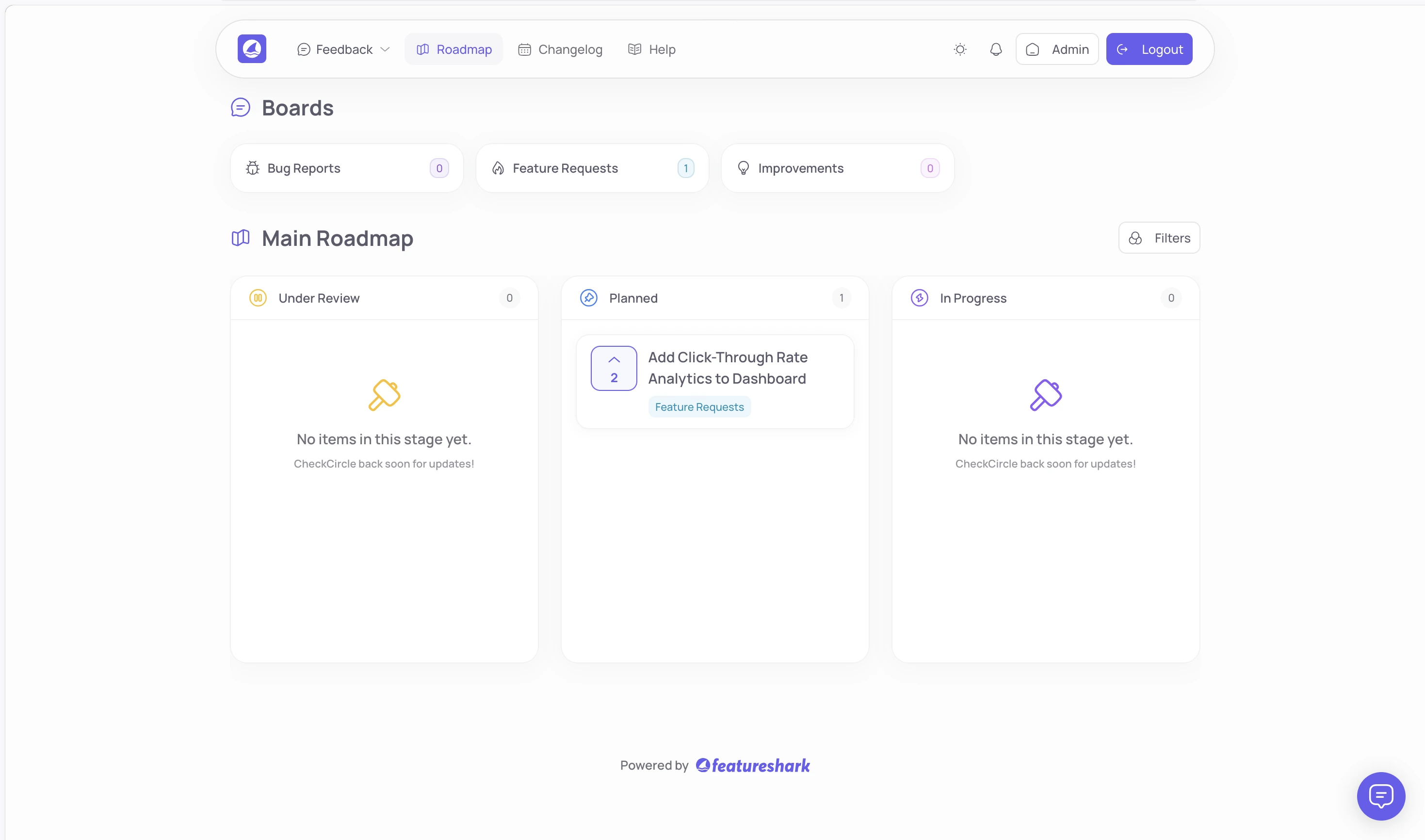FeatureShark roadmap showing planned product work