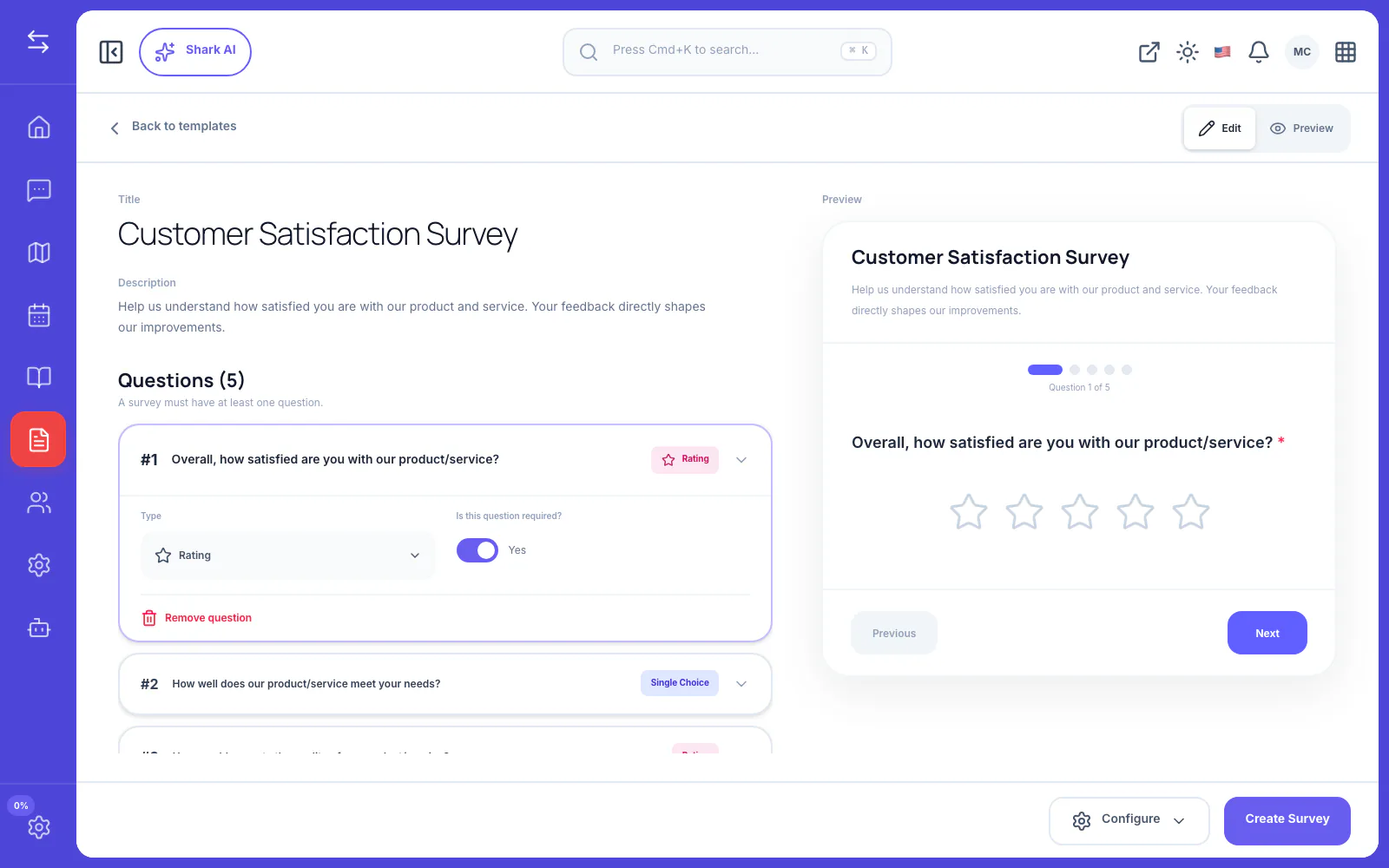FeatureShark in-app survey builder with rating, follow-up question, and audience settings, shown in the context of Mobile App Feedback: Best Practices for iOS and Android Apps