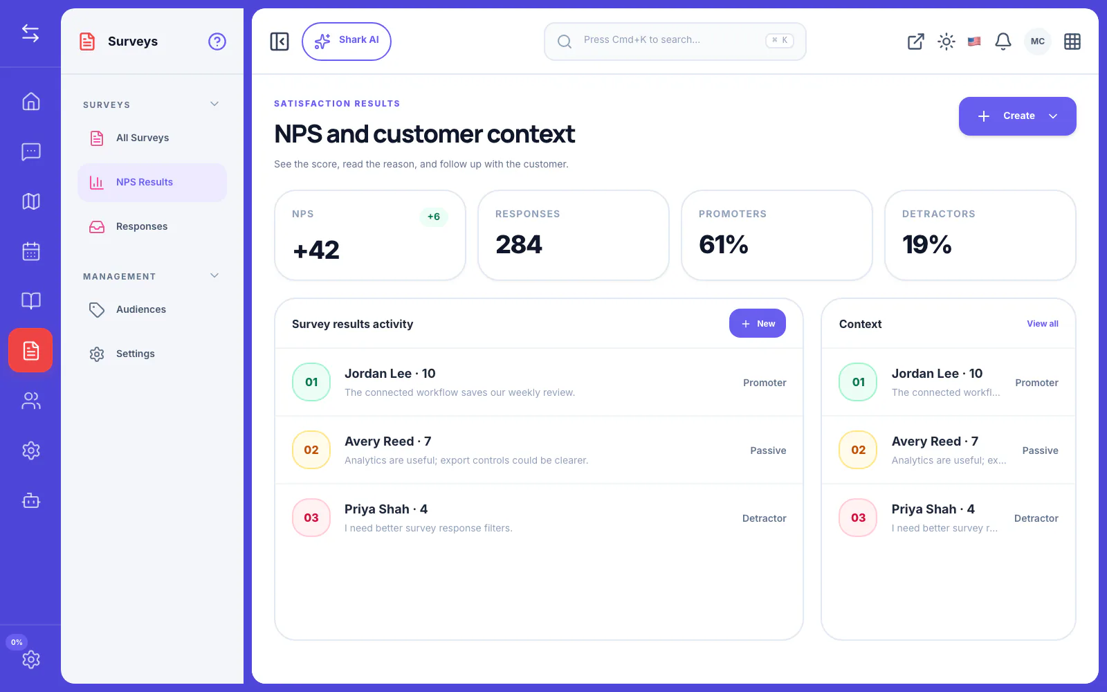 FeatureShark NPS results showing promoters, passives, detractors, and individual customer explanations, shown in the context of Mobile App Feedback: Best Practices for iOS and Android Apps